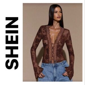 SHEIN BAE Women's Brown Long Sleeve Deep V-Neck Flocked/ Lace Top/ Brand New